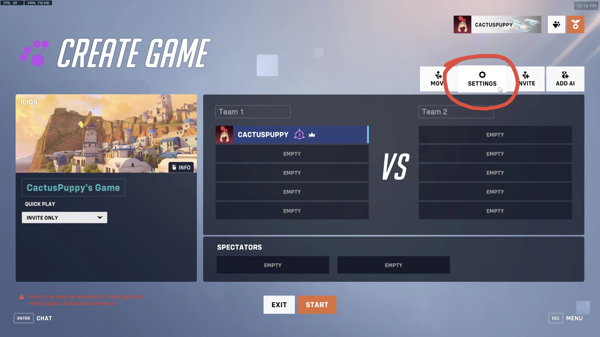 An Overwatch custom game lobby with the settings button circled in red