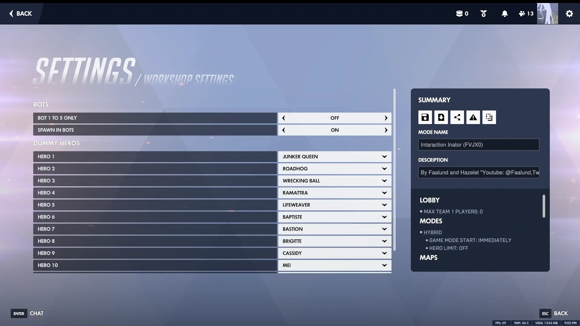 Workshop settings page